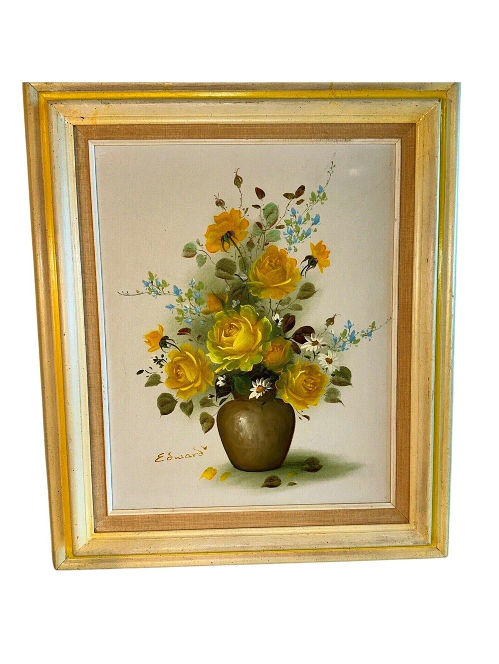 Vintage Hand Painted Signed Oil Painting Yellow Vase Flowers 27x23" Retro Frame